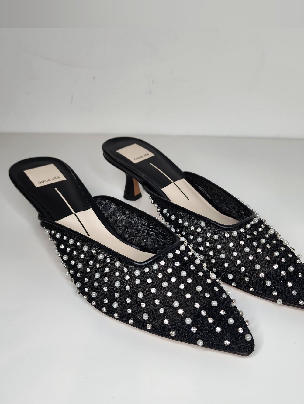 Dolce Vita Cleo  Black Pearl & Crystal Pointed Womens Mules Size 8.5